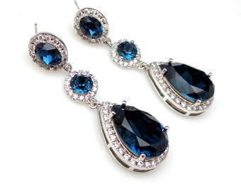 wedding bridal jewelry statement earrings prom pageant bridesmaid gift teardrop cubic zirconia and fancy montana blue crystal oval post