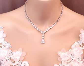 bridal necklace wedding jewelry bridesmaid prom party necklace round oval rhodium silver plated AAA cubic zirconia collar Y shape choker