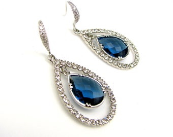bridal jewelry wedding earrings bridal earrings bridesmaid gift prom Sapphire somthing blue crystal quartz drop teardrop cubic zirconia hook