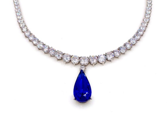 Wedding Jewelry Prom Bridal Necklace Pageant Clear White Round Cubic  Zirconia Statement Rhodium Emerald Green Royal Blue Fancy Teardrop -   Hong Kong