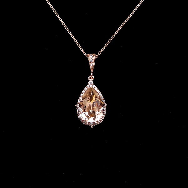 wedding bridal jewelry bridesmaid gift rose gold necklace vintage rose blush pink teardrop rhinestone pendant chain necklace fancy crystal