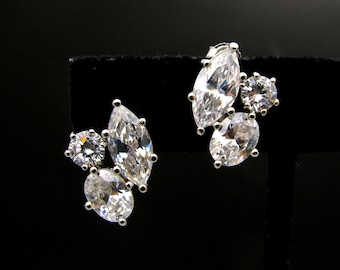 Wedding bridal earrings bridesmaid Jewelry prom pageant party statement three stone shape cubic zirconia stud post rhodium silver earrings