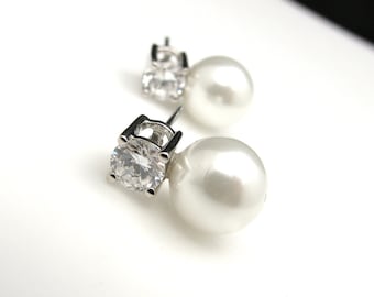 Bridal Jewelry Bridal earrings bridesmaid gift wedding earrings soft white or cream pearl on round cubic zirconia earring rhodium post