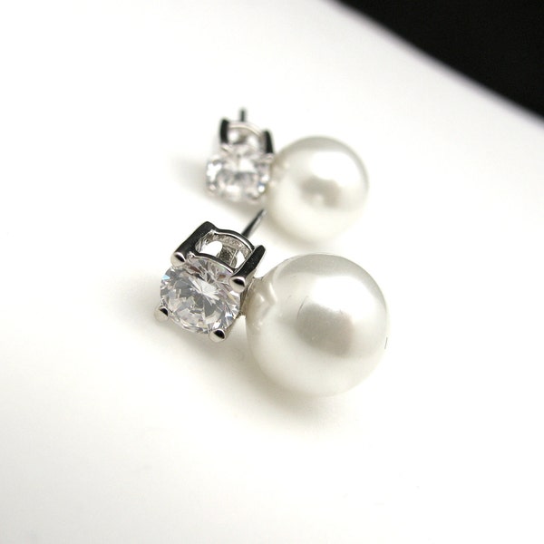 Bridal Jewelry Bridal earrings bridesmaid gift wedding earrings soft white or cream pearl on round cubic zirconia earring rhodium post