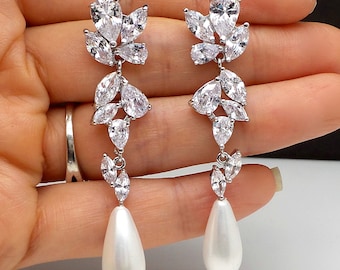 bridal earrings wedding jewelry platinum shell pearl earrings Clear white multi shape cubic zirconia post light cream pearl crystal cluster