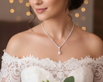 bridal necklace wedding jewelry bridesmaid prom party necklace round teardrop rhodium silver cubic zirconia y necklace earrings set