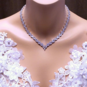 Bridal wedding jewelry necklace prom party AAA clear white cubic zirconia luxury white gold rhodium marquise collar v shape tennis necklace image 4