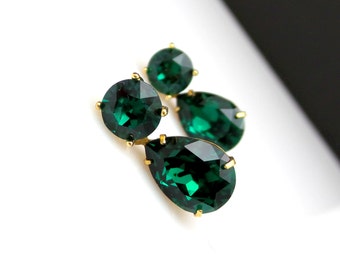 bridesmaid gift earrings christmas prom bridal wedding fancy emerald green round stud teardrop crystal rhinestone gold finish post
