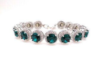 bridal bracelet wedding jewelry prom party gift christmas bridesmaid rhodium silver halo pave fancy emerald green crystal bracelet