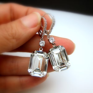Sterling Silver wedding jewelry earrings bridal fancy stone clear white vintage style rectangle square foiled crystal silver leverback hoop