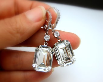 Sterling Silver wedding jewelry earrings bridal fancy stone clear white vintage style rectangle square foiled crystal silver leverback hoop