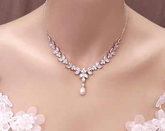 bridal jewelry wedding pearl necklace white or cream pear crystal pearl necklace with silver chain cubic zirconia multishape cluster deco