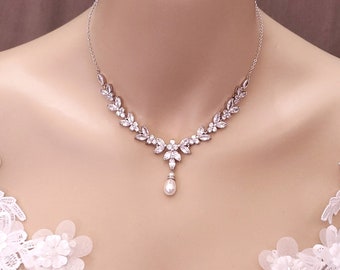 bridal jewelry wedding pearl necklace white or cream pear crystal pearl necklace with silver chain cubic zirconia multishape cluster deco