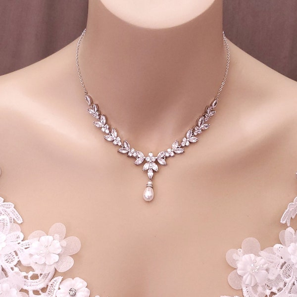 bridal jewelry wedding pearl necklace white or cream pear crystal pearl necklace with silver chain cubic zirconia multishape cluster deco