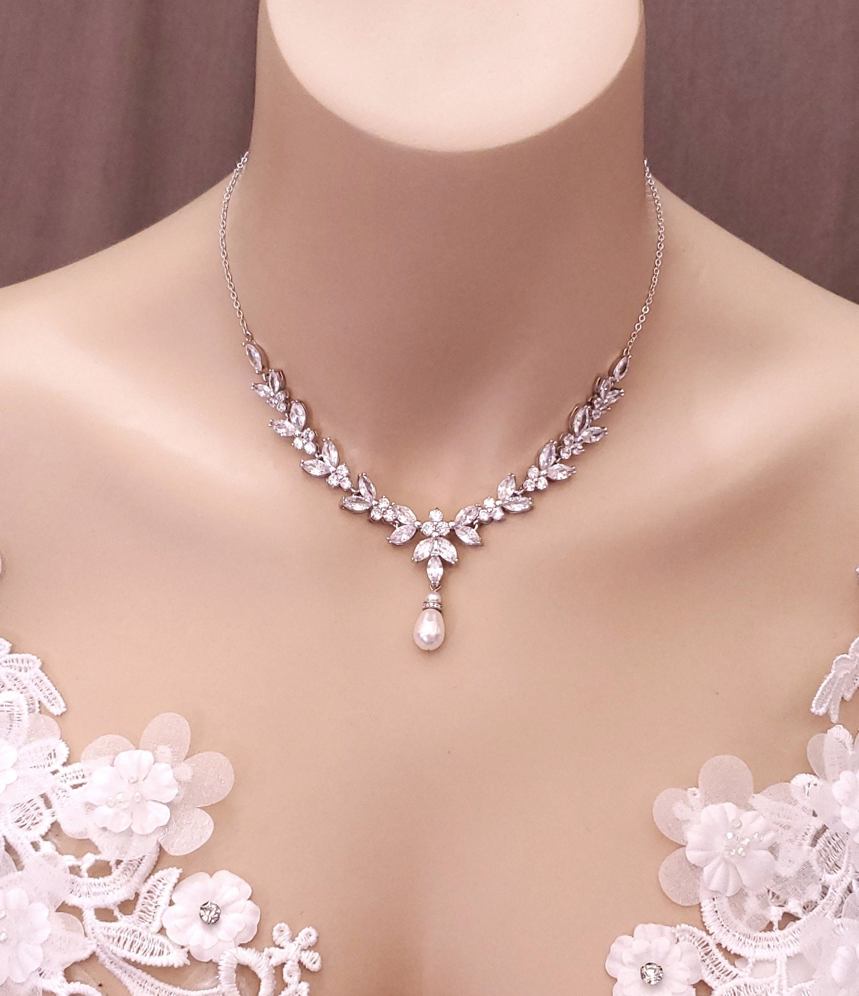Bridal Jewelry Wedding Pearl Necklace White or Cream Pear Crystal