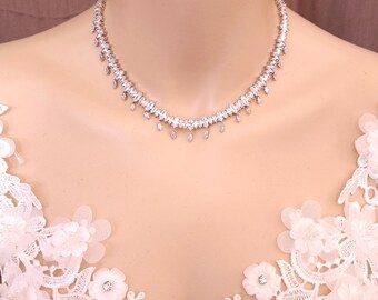 Bridal wedding jewelry necklace prom party AAA clear white cubic zirconia luxury white gold rhodium marquise collar choker tennis necklace