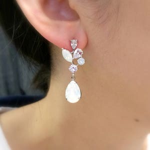Wedding jewelry bridal party prom christmas gift multi shape cluster AAA cubic zirconia post earrings vine rhodium crystal white opal drop image 5