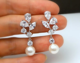 wedding jewelry bridal earrings bridesmaid gift prom party cubic zirconia rhodium earrings multi stone white cream 8mm round crystal pearl