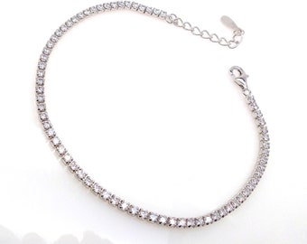 925 sterling silver inlaid AAA Clear white cubic zirconia 2mm tennis bracelet bridal bridesmaid prom gift adjustable pull slide dainty chain