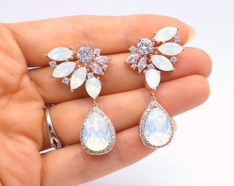 bridesmaid bridal party gift prom jewelry wedding cubic zirconia teardrop fancy white opal rhinestone rose gold marquise post earrings