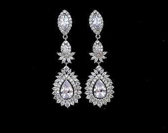 bridal jewelry wedding christmas Bridesmaid jewelry prom party gift Clear white teardrop AAA cubic zirconia post halo rhodium earrings
