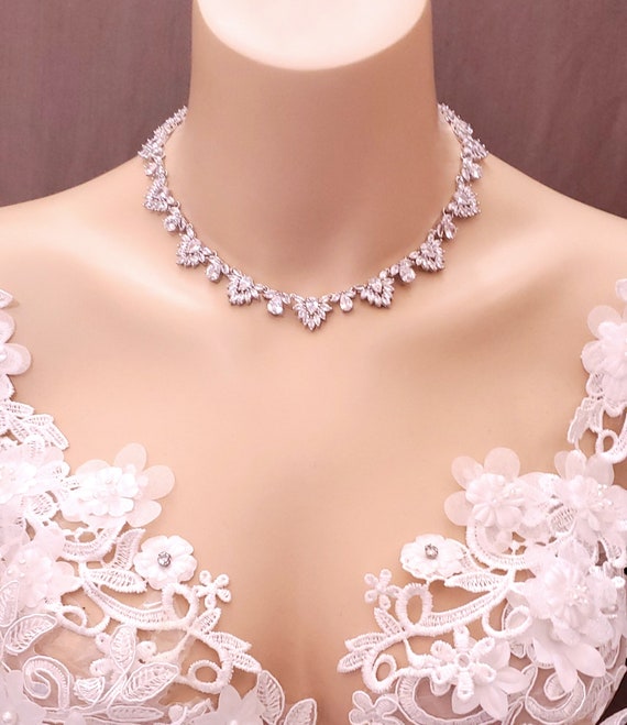 Bridal Necklace Wedding Jewelry Prom Pageant Party Clear White AAA Marquise  Cubic Zirconia Choker Collar Rhodium Teardrop Necklace 