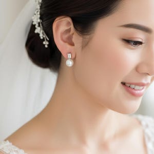 Bridal earrings bridesmaid gift wedding jewelry fancy round 10mm white or cream pearl cubic zirconia rectangle emerald cut post earrings