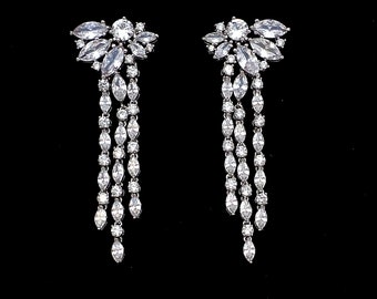 bridal earrings wedding jewelry prom party pageant micropave clear white marquise AAA cubic zirconia chandelier post statement earrings