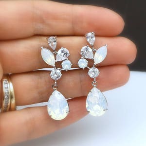 Wedding jewelry bridal party prom christmas gift multi shape cluster AAA cubic zirconia post earrings vine rhodium crystal white opal drop image 2