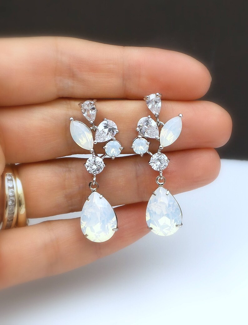 Wedding jewelry bridal party prom christmas gift multi shape cluster AAA cubic zirconia post earrings vine rhodium crystal white opal drop image 2