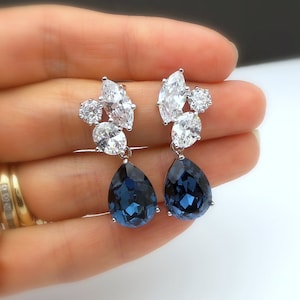 Wedding jewelry bridal earrings party prom gift christmas cluster cubic zirconia post deep navy blue crystal drop bold statement earrings