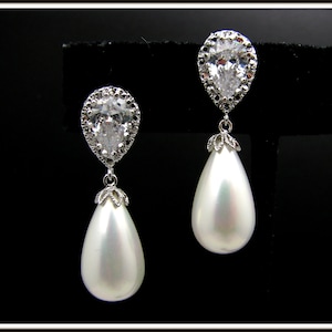 wedding bridal jewelry bridesmaid gift teardrop white  shell pearl earrings with cubic zirconia deco teardrop post earrings