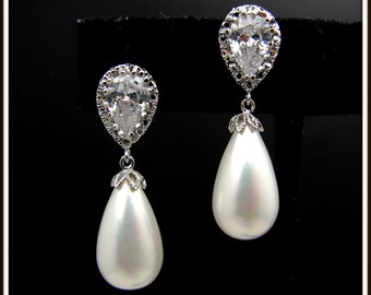 wedding bridal jewelry bridesmaid gift teardrop white  shell pearl earrings with cubic zirconia deco teardrop post earrings