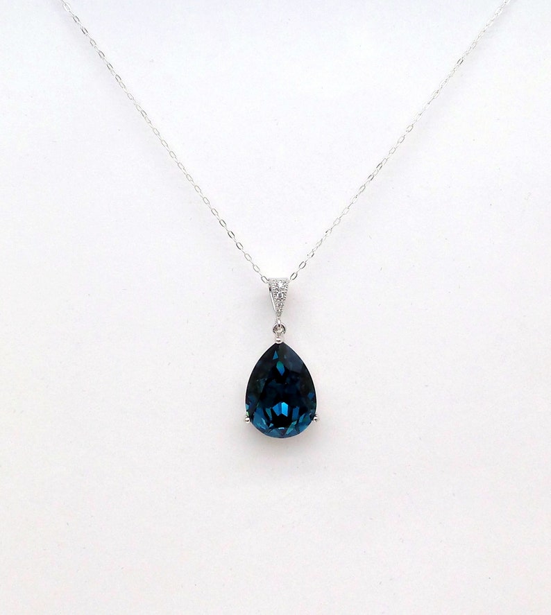 Montana navy sapphire blue vintage teardrop fancy rhinestone drop sterling silver chain pendant bridesmaid gift bridal necklace image 2