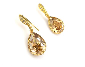 fancy golden shadow teardrop fancy rhinestone crystal foiled drop gold plated sterling silver hook wedding bridal prom gift earrings