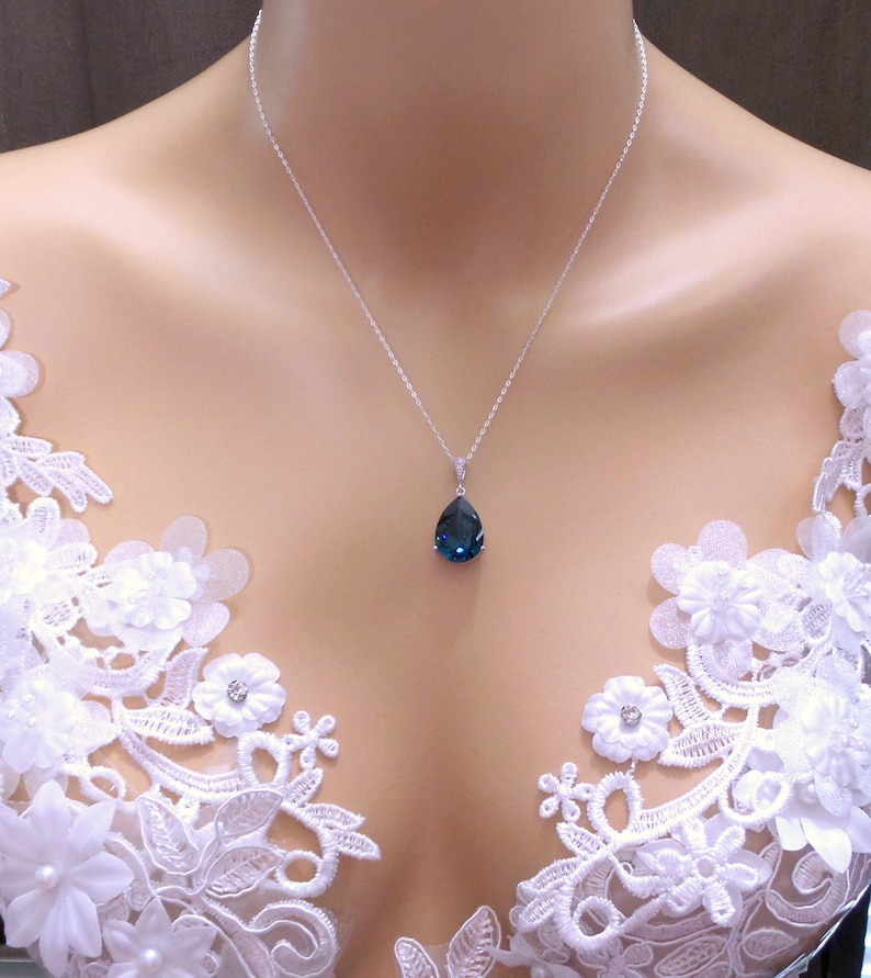 Montana navy sapphire blue vintage teardrop fancy rhinestone drop sterling silver chain pendant bridesmaid gift bridal necklace image 3