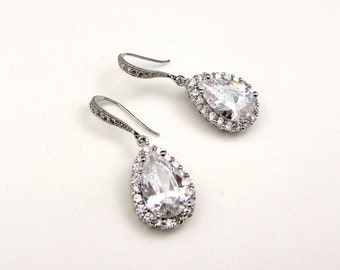 bridal jewelry wedding jewelry bridal earrings wedding earrings clear white teardrop cubic zirconia cz silver hook