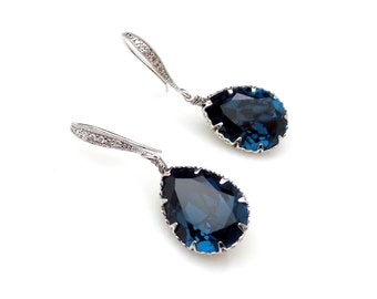 Bridal bridesmaid earrings wedding jewelry gift party prom montana navy blue teardrop fancy crystals with white gold cubic hook