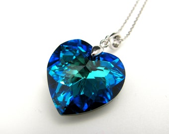 Genuine bermuda blue heart crystal pendant sterling silver necklace - free US shipping