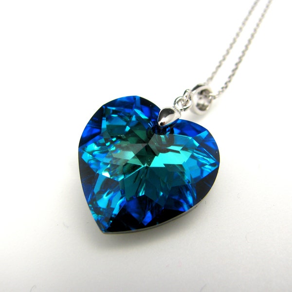 Genuine bermuda blue heart crystal pendant sterling silver necklace - free US shipping
