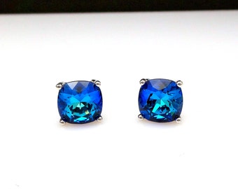 christmas prom bridal wedding bridesmaid fancy ocean bermuda blue square cushion cut foiled crystal rhinestone silver stud earrings