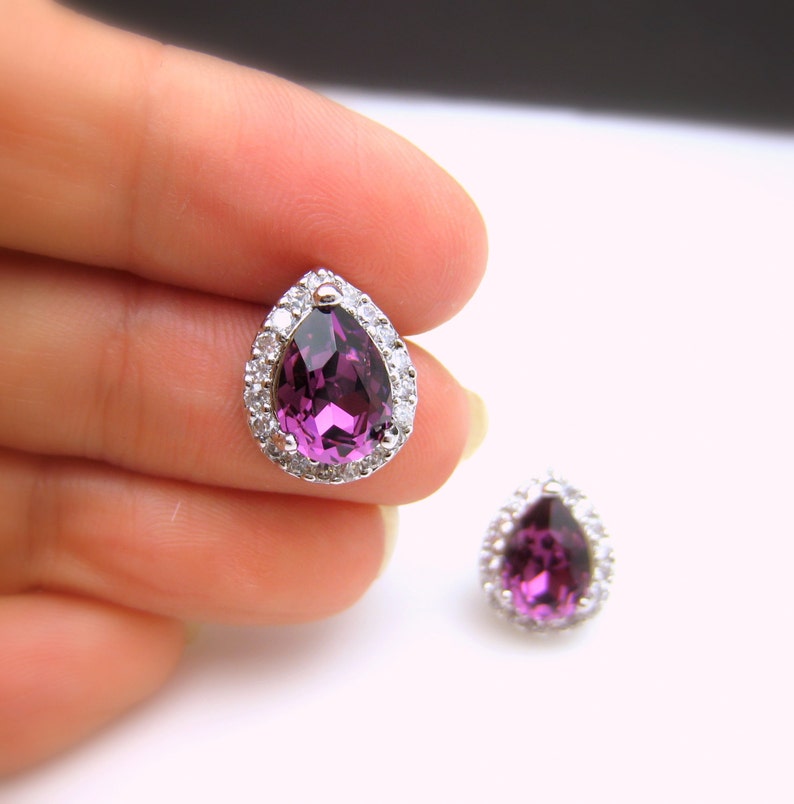 bridal wedding earrings bridesmaid teardrop shape cubic zirconia luxury post white gold earrings with fancy amethyst rhinestone crystal image 4