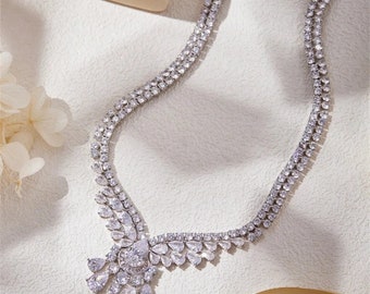 Set Di Gioielli Strass Per Sposa Matrimonio Argento Orecchini Collana