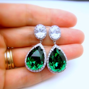 wedding bridal bridesmaid christmas statement earrings Clear teardrop AAA cubic zirconia and fancy emerald green crystal on oval cz post image 1