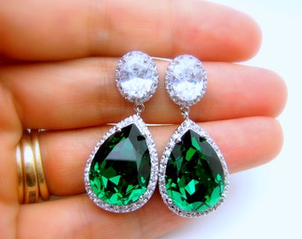 wedding bridal bridesmaid christmas statement earrings Clear teardrop AAA cubic zirconia and fancy emerald green crystal on oval cz post