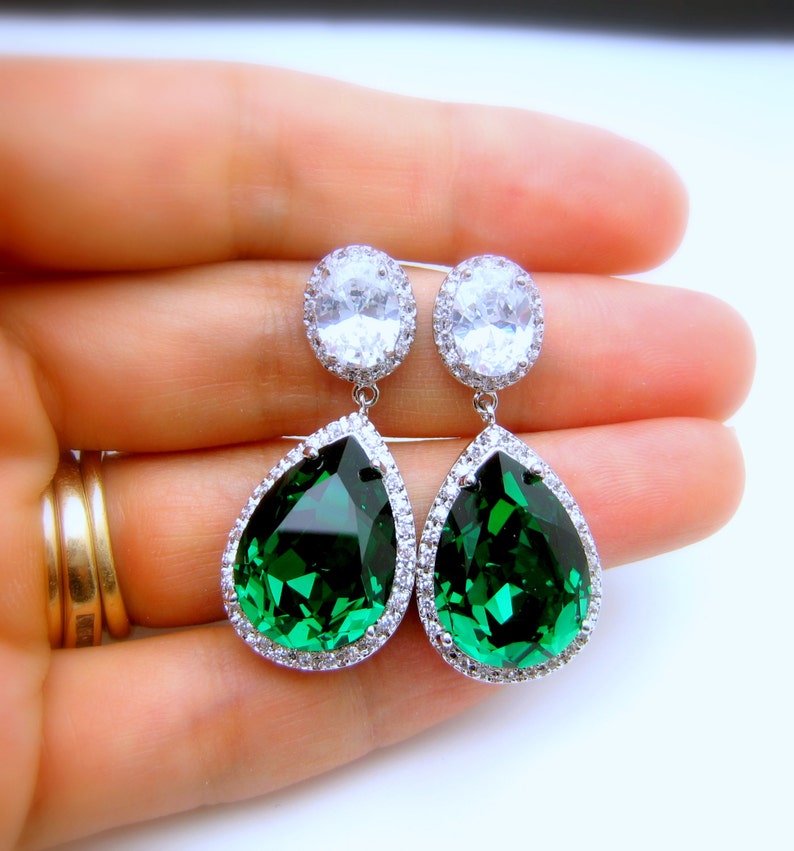 wedding bridal bridesmaid christmas statement earrings Clear teardrop AAA cubic zirconia and fancy emerald green crystal on oval cz post image 1