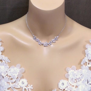 wedding jewelry bridal necklace prom party bridesmaid rhodium silver vine cubic zirconia necklace clear white marquise collar dainty choker