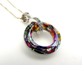 fancy rare volcano vintage style cosmic ring shape crystal pendant with white gold sterling silver chain necklace