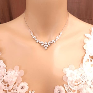 wedding jewelry bridal necklace prom party bridesmaid rhodium silver chain cubic zirconia necklace clear white marquise round cz collar