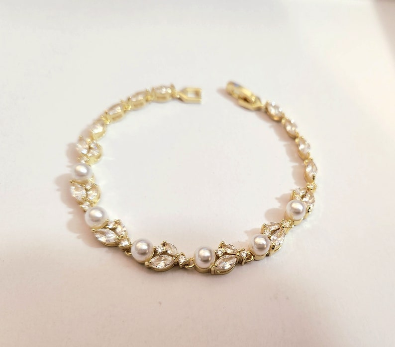 bridal bracelet wedding jewelry bridesmaid white cream round crystal pearl cluster clear white cubic zirconia round bubble tennis image 4